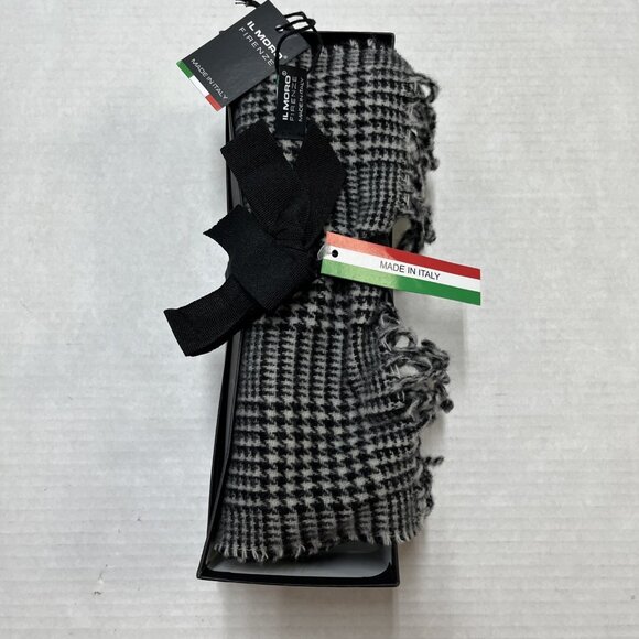 Il Moro Firenze Scarf Black Houndstooth Wool Fringe Made Italy Classic Preppy - Picture 3 of 10